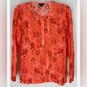 Theory | Coral Orange Splatter Abstract Print|  Half Button Top | size medium